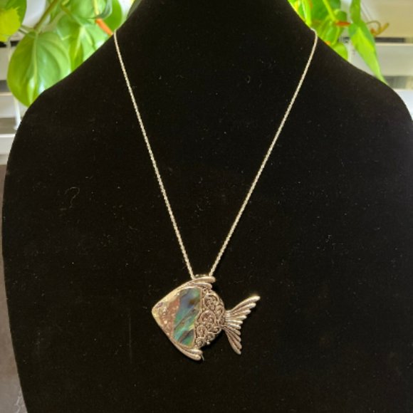 Fish Necklace with Green Abalone Stones Made of Sterling Silver - Picture 2 of 2